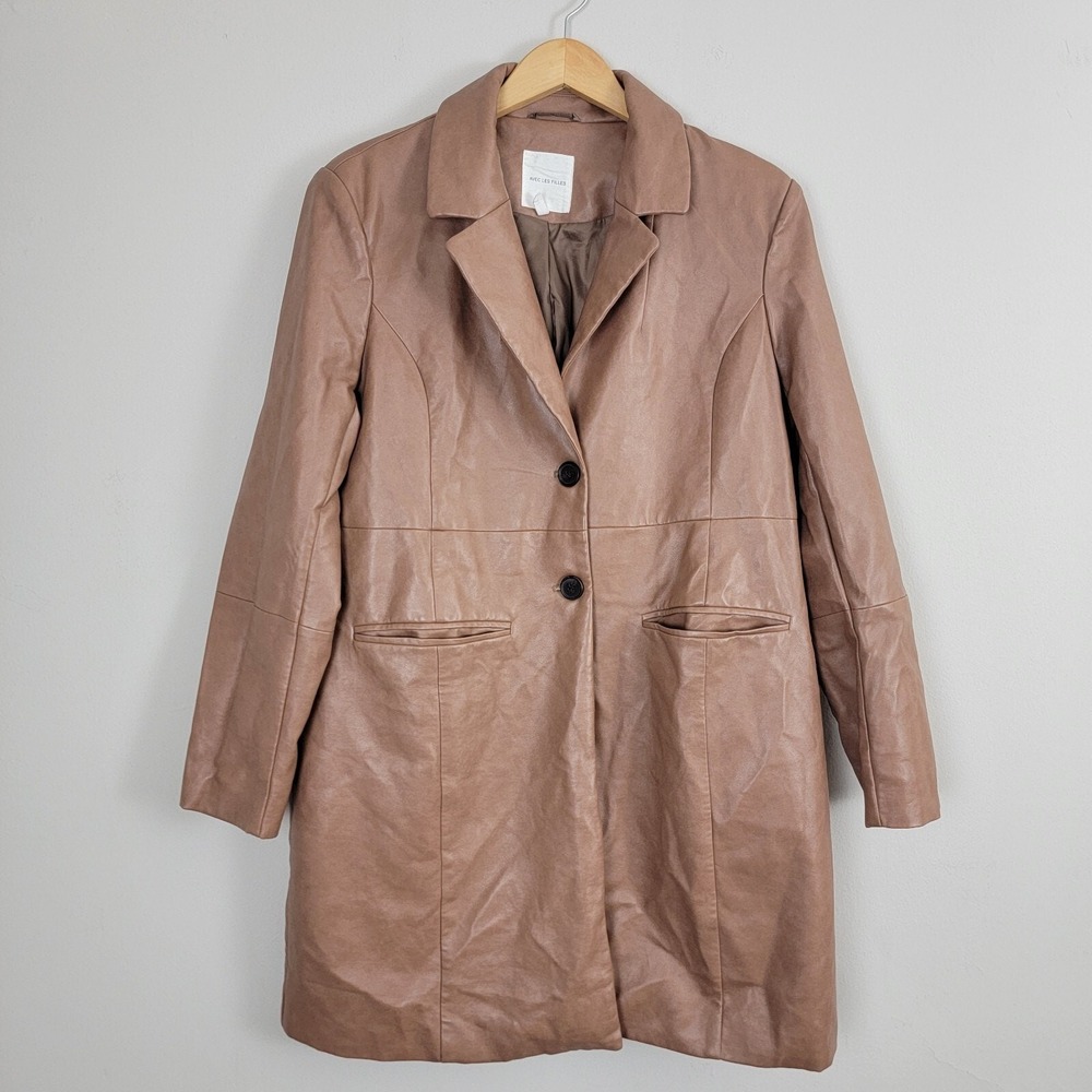 Avec Les Filles Jacket Women XL Tan Faux Leather Vegan Trench Coat Midi Classic